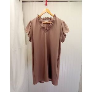 Entro rose & pearl sheath dress. Knee length, puff sleeve, pearls, ruffles, line